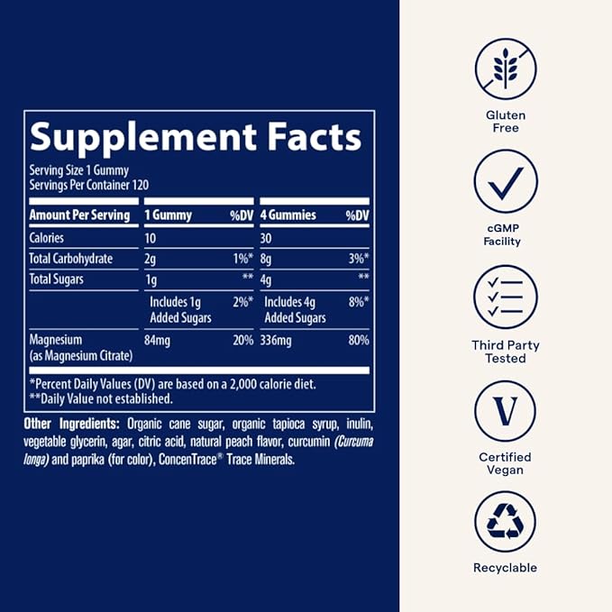 Trace Minerals Magnesium 84mg - Chewable Magnesium Supplement for Bone & Heart Health Support - Immune System Support - Aids Relaxation & Healthy Sleep - Peach, 120 Gummies (120 Servings)