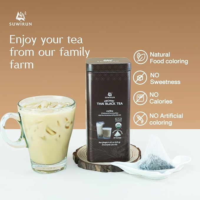 Suwirun Organic Assam Thai Black Tea 25 Bags β Bold, Smooth & Aromatic β Premium Quality, No Additives β Perfect for Hot, Iced & Thai Milk Tea