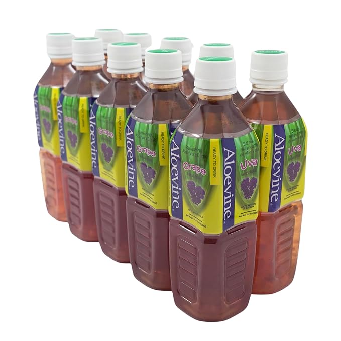 Aloevine Aloe Vera Drink Grape healthy juice pure with chunks of aloe l 16.9 oz. 10 pack l plant based Vegetable Korean drinks