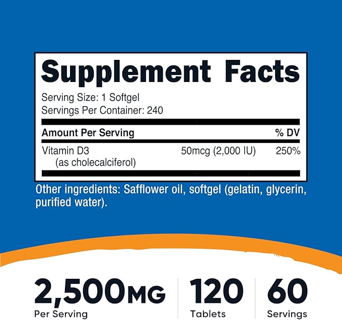 Nutricost Vitamin D3 2000 iu Softgels, 240 Softgels - Non-GMO & Gluten Free