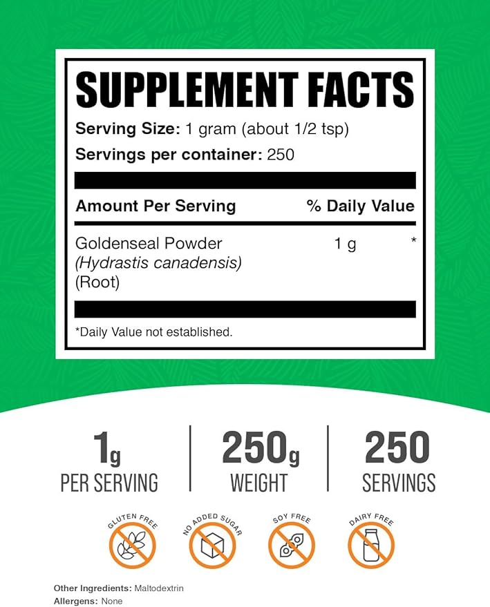BulkSupplements.com Goldenseal Powder - Herbal Supplement, Sourced from Goldenseal Root - Vegan & Gluten Free, 1g per Serving, 250g (8.8 oz) (Pack of 1)