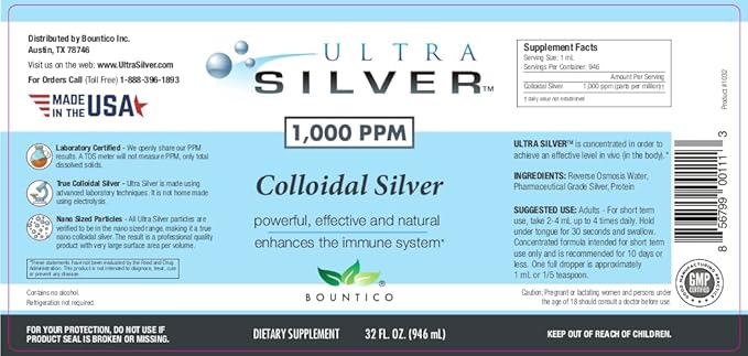 Ultra Silver® Colloidal Silver | 1,000 PPM, 32 Oz (946mL) | Mineral Supplement | True Colloidal Silver - 4 oz Dropper Bottle (Empty) Included for Dispensing!