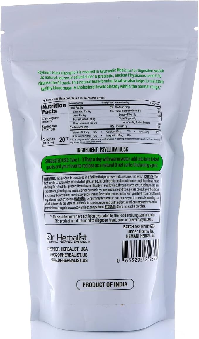 Dr. Herbalist Psyllium Husk Powder 170g (6oz) | Organic Natural Fiber Supplement | Keto-Friendly Isabgol Powder for Digestive Support & Daily Wellness