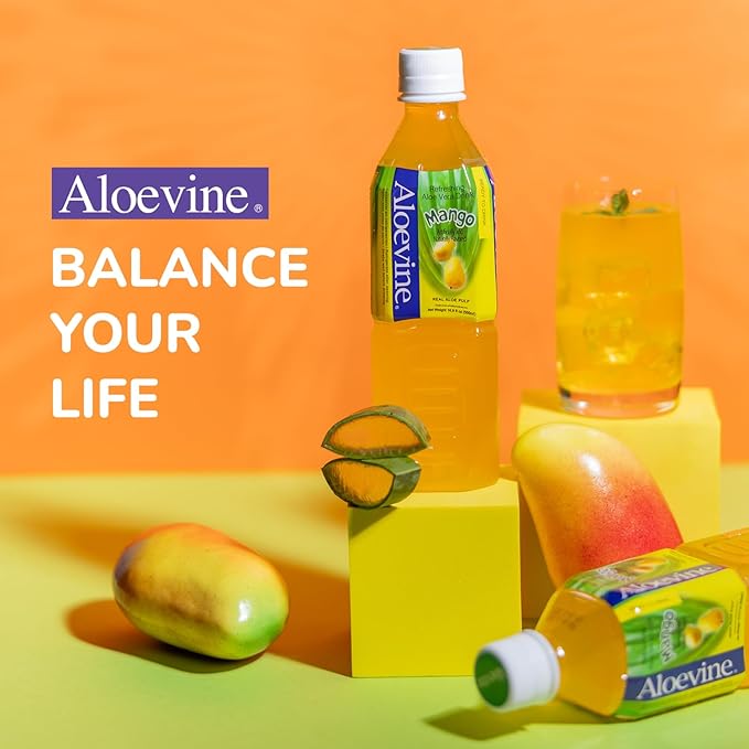 Aloevine Aloe Vera Drink Mango healthy juice pure with chunks of aloe l 16.9 oz. 10 pack l plant based Vegetable Korean drinks