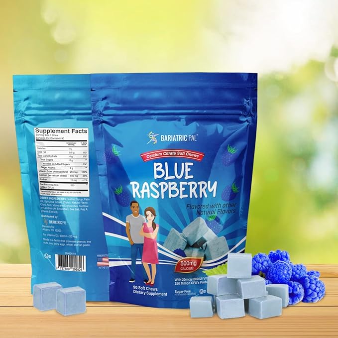 BariatricPal Sugar-Free Calcium Citrate Soft Chews 500mg with Probiotics (90 Count) - Blue Raspberry