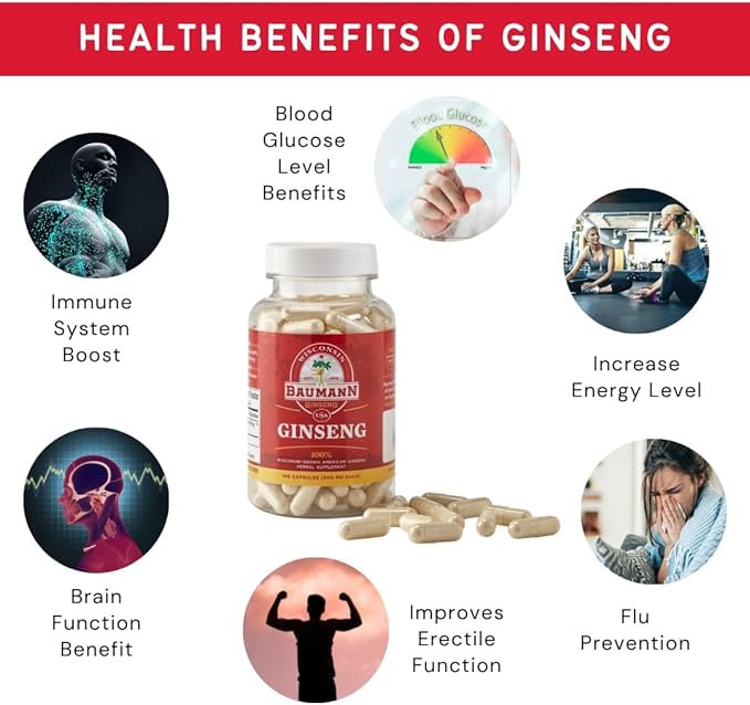 Baumann Wisconsin Ginseng Capsules 60 Pills 400 mg – Pure American Ginseng Root Extract Powder in Each Pill - 100% Natural Panax Ginseng Supplement for Immune Support, Focus and Energy (60 Count)