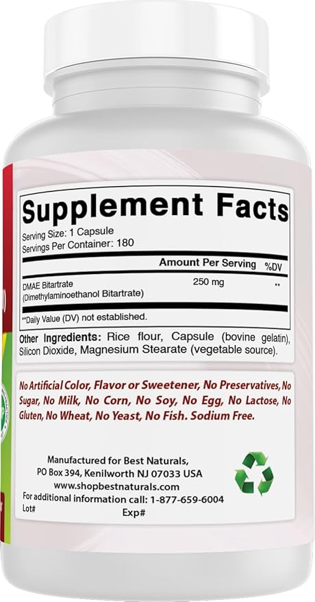 Best Naturals DMAE Supplement 250 mg 180 Capsules - Dimethylaminoethanol Bitartrate
