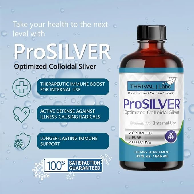 ProSILVER Blue Label 20 PPM True Colloidal Silver Liquid (32oz), Optimized Bio-Active Nano-Sized Liquid Silver for Immune Support, Dark Glass Bottle - Thrival Labs (Plata coloidal)
