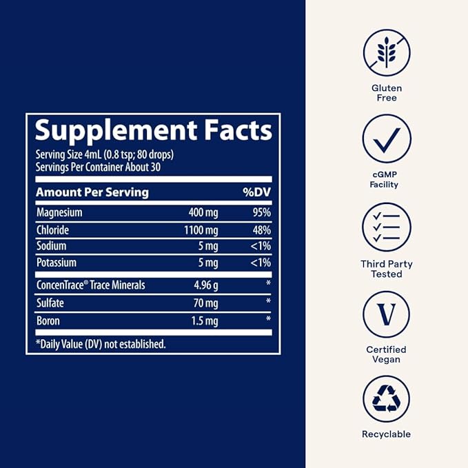Trace Minerals Mega-Mag - Liquid Energy Support Supplement with Magnesium & Chloride - Healthy Bone & Muscle Function Support Formula - Supplement to Support Nerve Health - 4 fl oz (30 Servings)