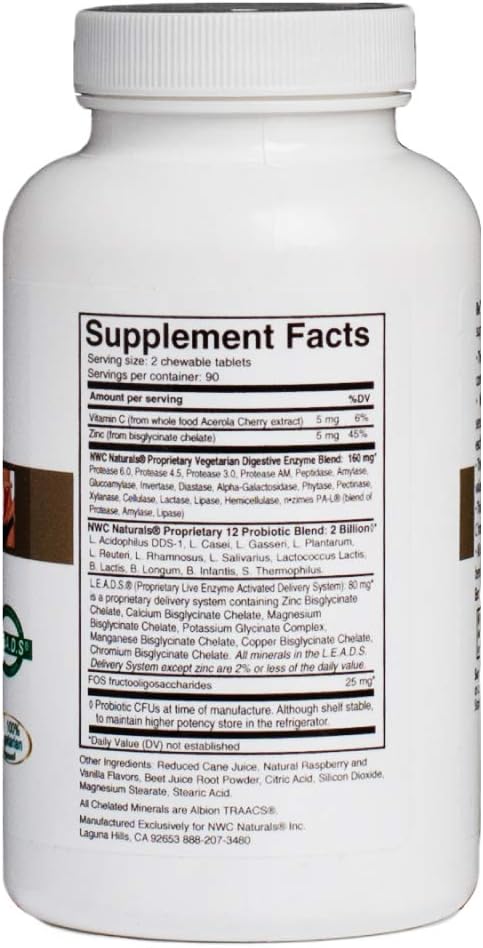 NWC Naturals Belly-Ease Healthy Digestive Enzymes Plus Prebiotics & Probiotics, Essential Enzymes, Vegetarian, Better Digestion, Full Spectrum Digestive Solution - 180 Count Chewable Tablets