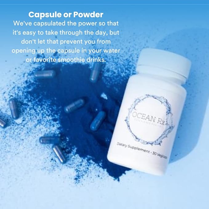 Organic Pure Blue Spirulina Capsules | Natural Superfood | Prebiotic Phycocyanin Supplement | Healty Skin, Oral Health, & Wound Recovery | 30 Serving Bottle
