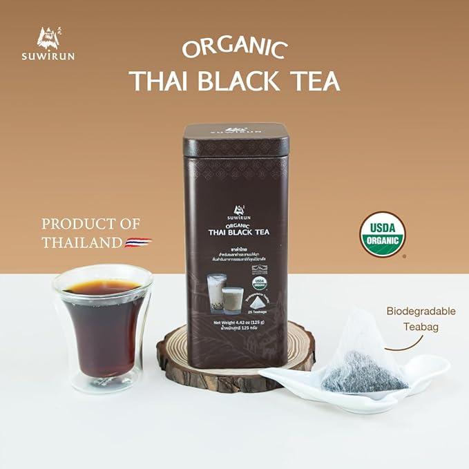 Suwirun Organic Assam Thai Black Tea 25 Bags β Bold, Smooth & Aromatic β Premium Quality, No Additives β Perfect for Hot, Iced & Thai Milk Tea