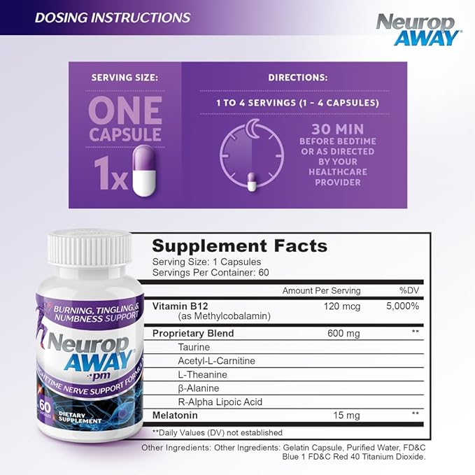 NeuropAWAY Nerve Support PM, with R-Alpha Lipoic Acid to Help Provide Nerve Relief in as Little as 5 Days, Acetyl-L-Carnitine, Theanine, Melatonin, and Methylcobalamin, 60 Capsules