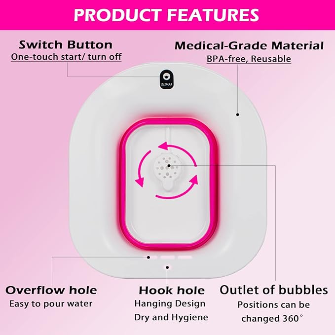 Electric Sitz Bath, Sitz Bath for Hemorrhoids, Sitz Bath for Postpartum Care, Toilet Seat Basin for Women, Yoni Hip Bath Pan, Sits Bath Soak Salts Bowl, Vaginal Wash Tub, Foldable, Pink