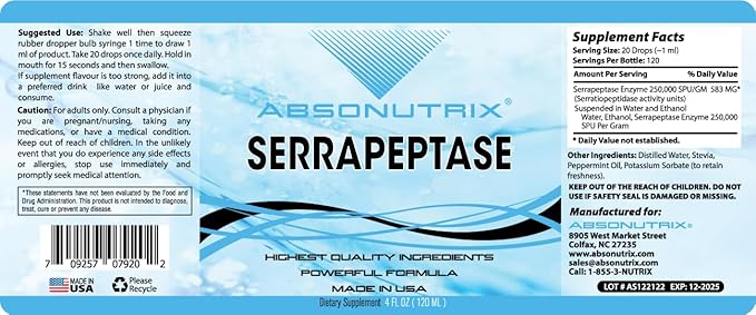 Absonutrix Serrapeptase Enzyme 583mg, 4 Fl oz, 250000 spu per Serving, 120 Servings, High Bioavailability, Quick Absorption, GMP-Certified, Non-GMO, Plant Based, Made in USA