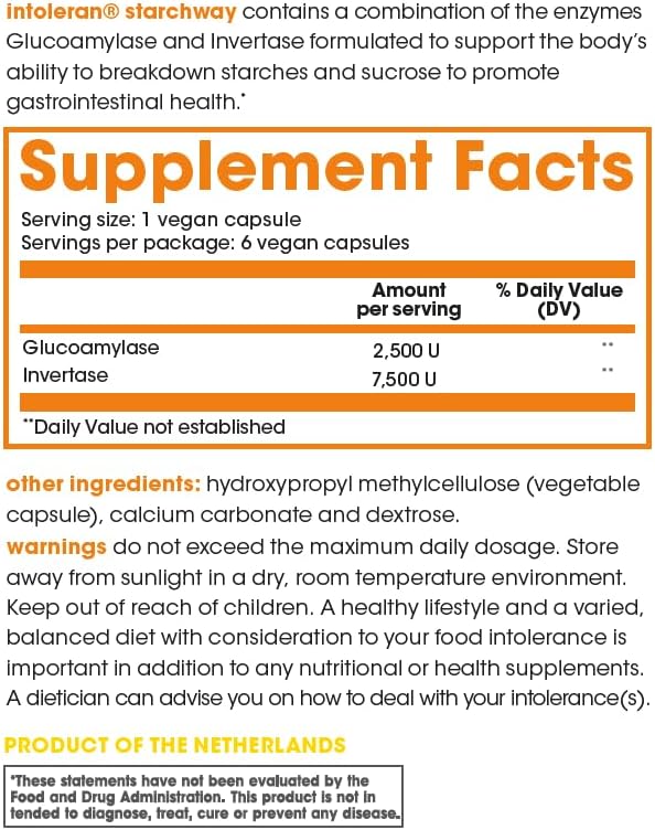 Starchway Digestive Enzymes - testpack 6 capsules | Supplement for Starch & Sucrose Intolerance | Helps Digest Sugars & Starchy Foods | Invertase & Gluco-Amylase Enzymes | Vegan | Low FODMAP