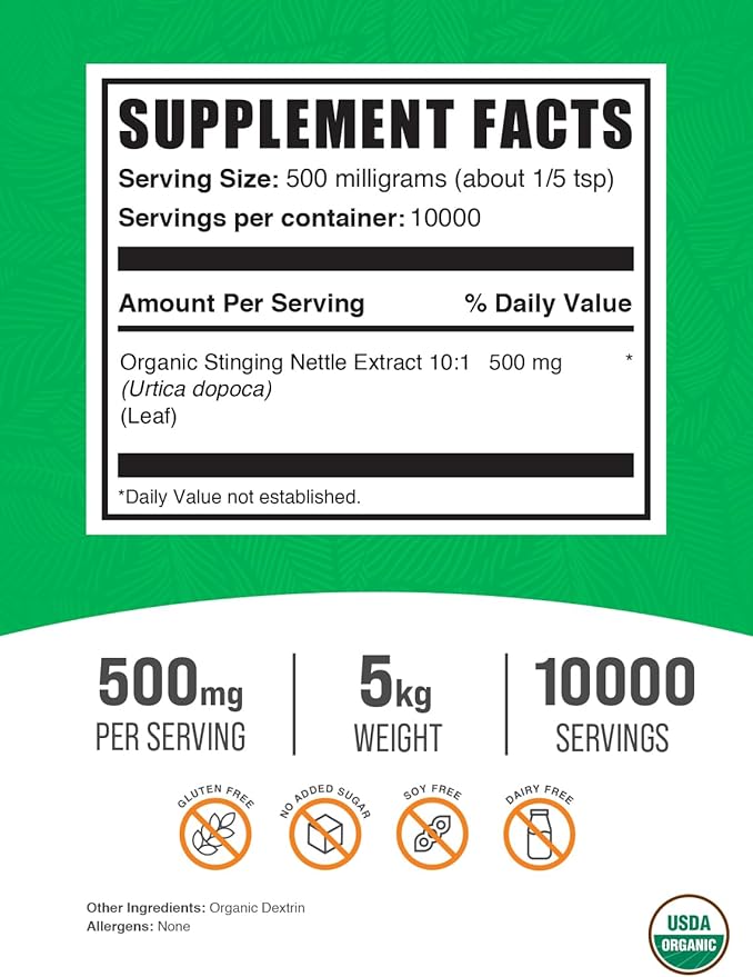 BulkSupplements.com Organic Stinging Nettle Extract - from Stinging Nettle Leaf, Nettle Supplement - Vegan & Gluten Free, 750mg per Serving, 5kg (1.1 lbs) (Pack of 5)
