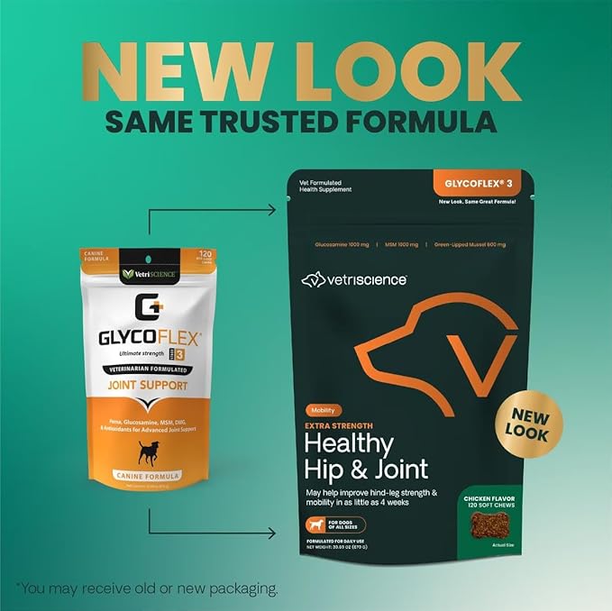 VetriScience Extra Strength Healthy Hip & Joint Chews, GlycoFlex 3, Glucosamine, Green-Lipped Mussel, Joint Support Supplement for Dogs, Promote Mobility & Soothe Joint Discomfort, Chicken, 120 Count
