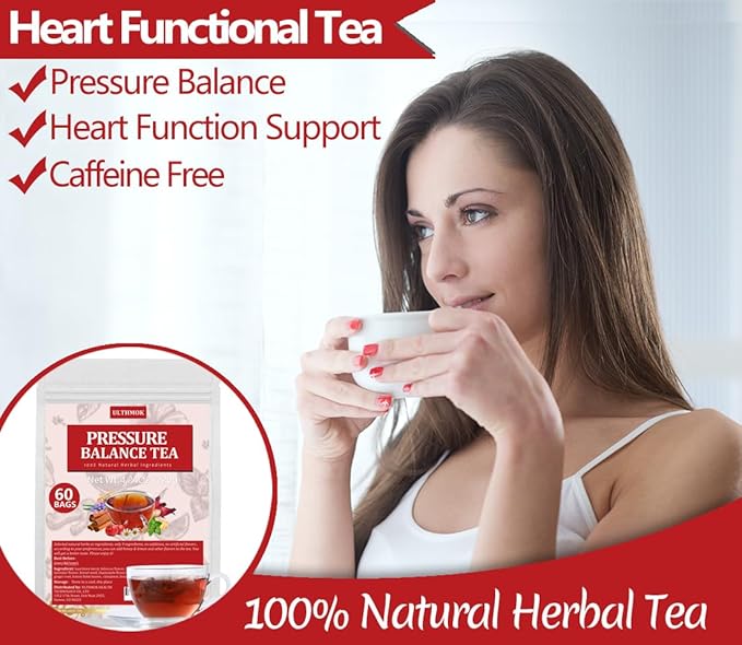 Premium 60 Heart Functional Tea Bags, 9 Natural Superherbs, Pressure Balance Tea, No Artificial Flavors & Caffeine Free.