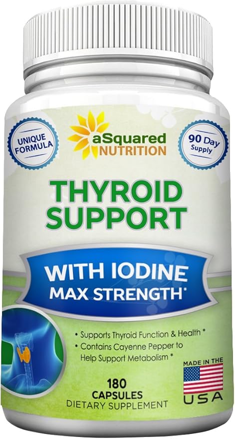aSquared Nutrition Premium Thyroid Support Supplement with Iodine (180 Capsules) - Best Herbal & Vitamin Complex Pills w/ B12, Ashwagandha, Bladderwrack & Kelp - Helper for Healthy Hormone & Energy