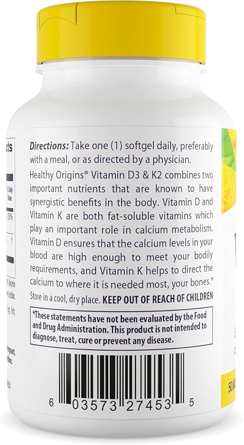 Healthy Origins Vitamin D3 2,000 IU (50 mcg) & K2 200 mcg (Non-GMO, 3rd Party Tested, Bone Support, Cardiovacsular Support), 180 Softgels