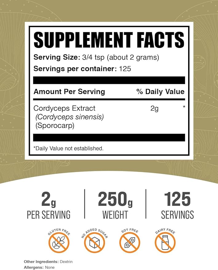 BulkSupplements.com Cordyceps Mushroom Extract Powder - Cordyceps Sinensis, Mushroom Supplement - Vegan & Gluten Free, 2g per Serving, 250g (8.8 oz) (Pack of 1)