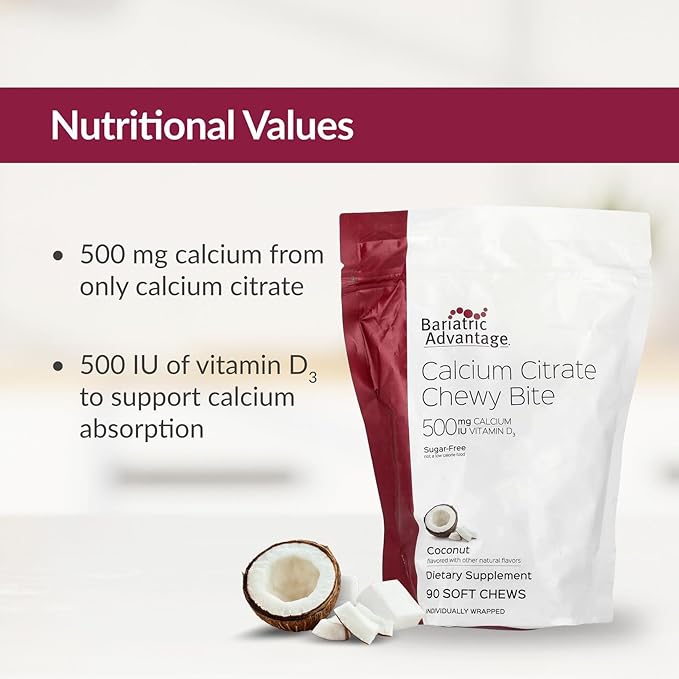 Bariatric Advantage Calcium Citrate Chewy Bites 500 mg - Highly Absorbable & Digestible - Vitamin D3 - Easily Chewable Calcium Supplement - Coconut Flavor - 90 Count