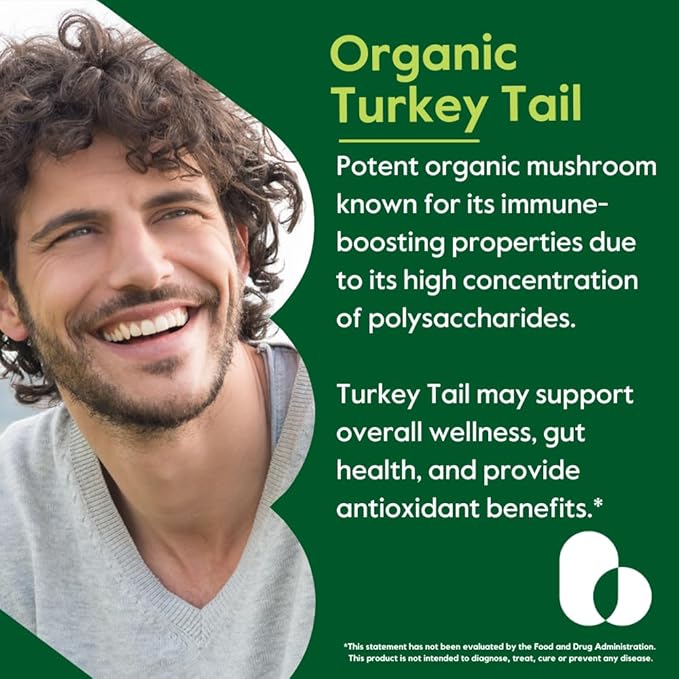 Organic Turkey Tail 500mg (120 Veggie Capsules) - No Stearates - Vegan - Non GMO - Gluten Free - Certified Organic Turkey Tail