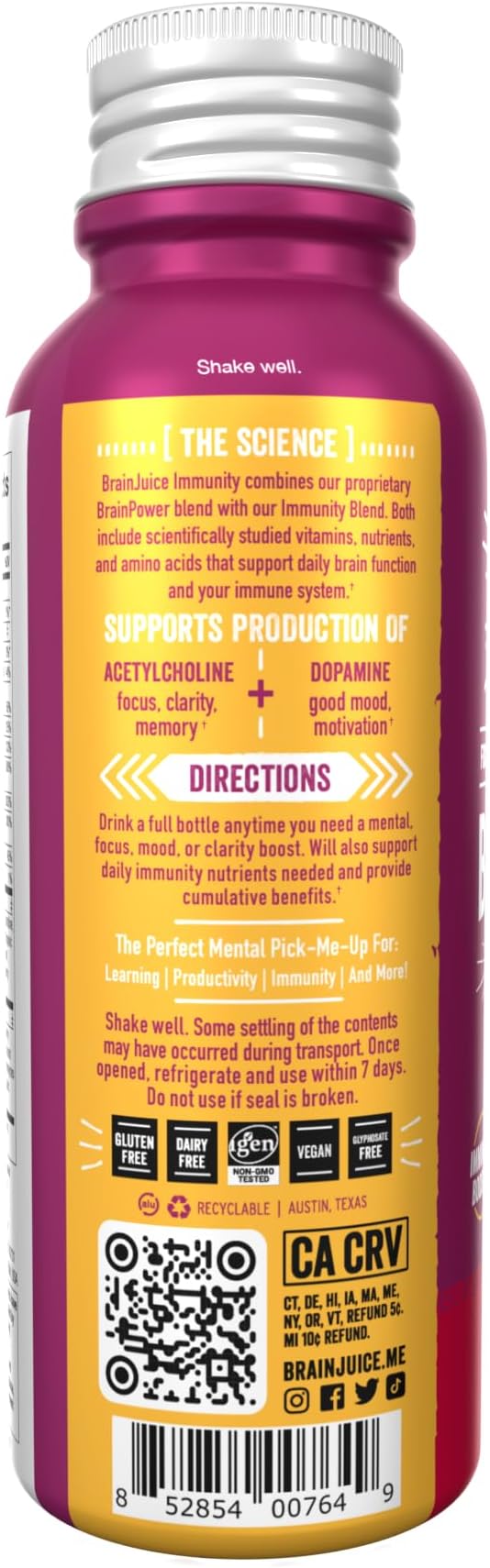 BrainJuice Brain and Immune Support Shot, Gluten Free Supplement Shots for Energy, Focus, Immunity with Vitamin D, C B, Alpha GPC & Organic Ginger Root, Pomegranate Acai, 2.5 fl oz, 12 Pack