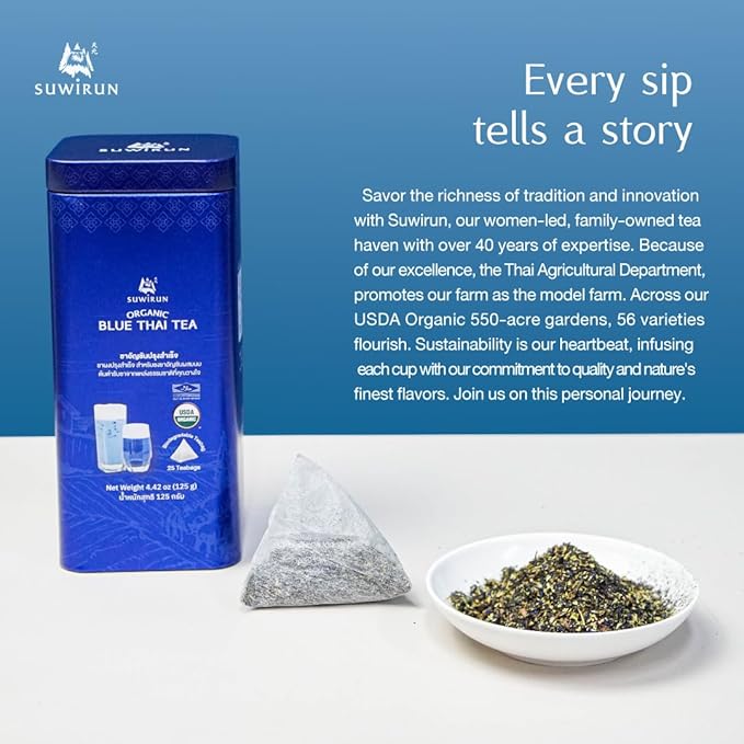 Suwirun Organic Blue Thai Tea 25 Bags β Naturally Blue Butterfly Pea Tea β Floral Aroma with Vanilla & Green Tea β Great for Hot, Iced & Milk Tea