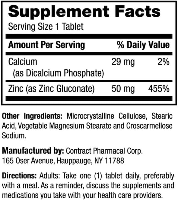 Earth's Splendor Immune Support Supplements, with Zinc 50mg, Helps Maintain Skin Health, Wheat Free, No Artificial Color or Flavor, Mineral Supplements for Men & Women (100 Tablets)