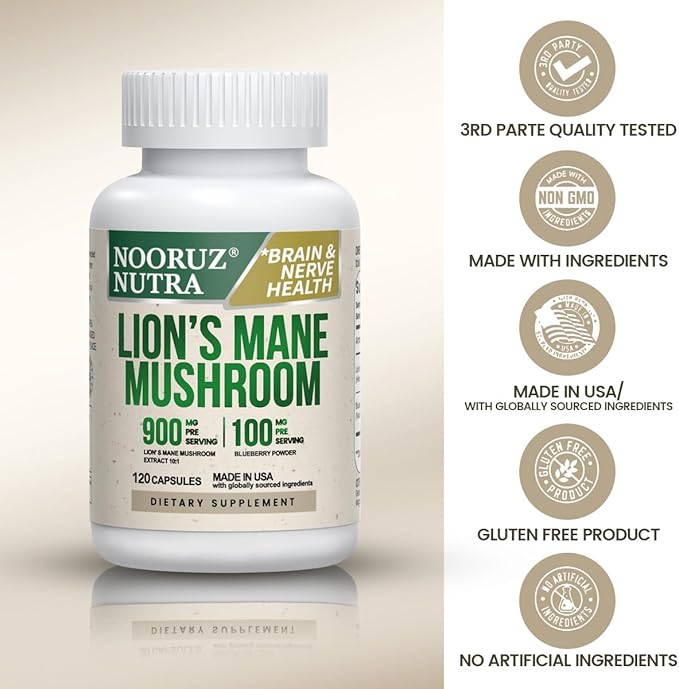 Organic Lion’s Mane Capsule: 10:1 Concentration Equals 10,000mg Mushroom, Enhanced with Blueberry for Vitality, Mental Clarity, and Concentration – 120 Plant-Based Capsules (No Tablets/Powder)