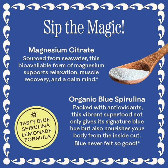 Wooden Spoon Herbs Magic Magnesium Citrate Powder Supplement | Anxiety & Stress Relief, Muscle, Bone, & Digestive Health, & Restful Sleep | Pleasant Lemonade Taste & Fun Spirulina Blue Color | 3.7oz