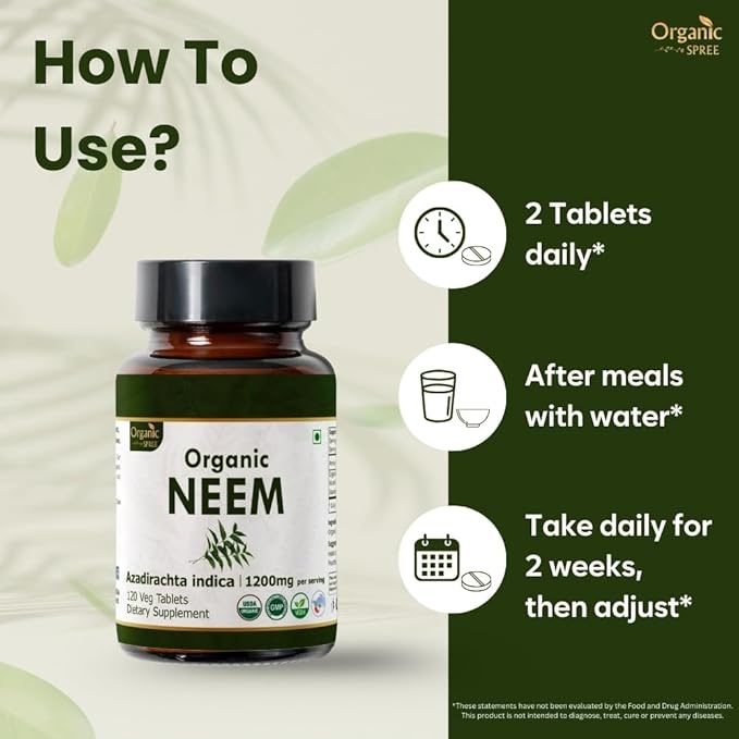 Neem 120 Tablets | Azadirachta Indica (Neem) | USDA Organic Certified | Healthy Skin and Detox | Dietary Supplement 120tab - Pack of 3