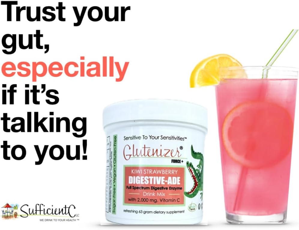 Sufficient C - Glutenizer Force Plus Kiwi-Strawberry Digestive-Ade Drink Mix - Naturally Effective, Premium, Full Spectrum Enzyme Blend with 2,000 mg. Vitamin C - Acid Reflux, Indigestion Solution