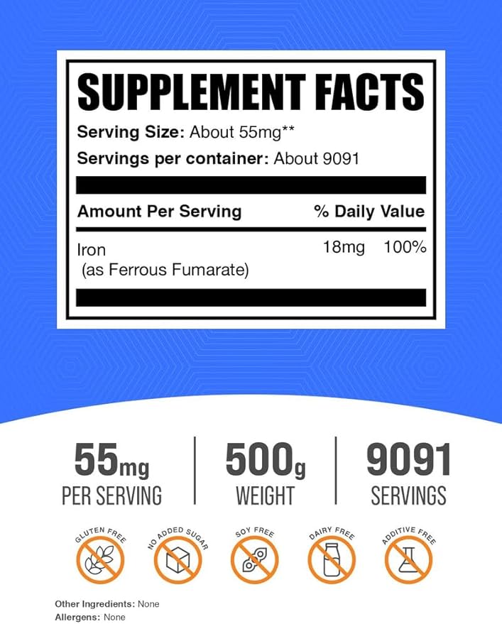 BulkSupplements.com Ferrous Fumarate Powder - Essential Mineral, Iron Supplement for Men and Women - Gluten Free, 55mg per Serving, 500g (1.1 lbs) (Pack of 1)