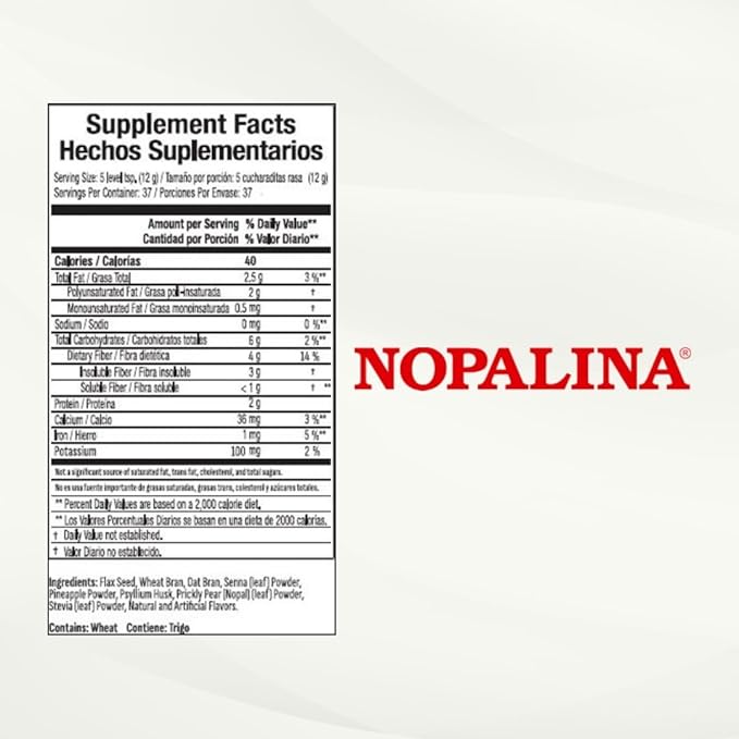 Nopalina Fiber Formula | Pineapple | 1 Lb Bag | 30 Servings | Flax Seed, Psyllium, Oat and Wheat Bran, Omega 3, 6 & 9 | Can Help with Regularity & More | The Original