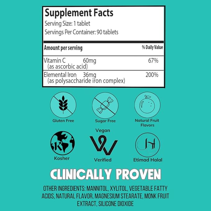 NovaFerrum Pow | Chewable Iron Supplement for Adults | Anemia | 36mg of Iron | 90 Servings | Sugar Free | Vegan