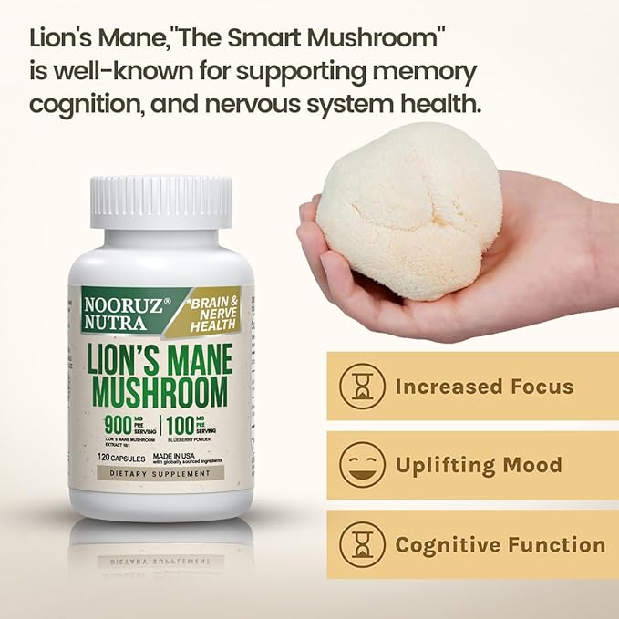 Organic Lion’s Mane Capsule: 10:1 Concentration Equals 10,000mg Mushroom, Enhanced with Blueberry for Vitality, Mental Clarity, and Concentration – 120 Plant-Based Capsules (No Tablets/Powder)