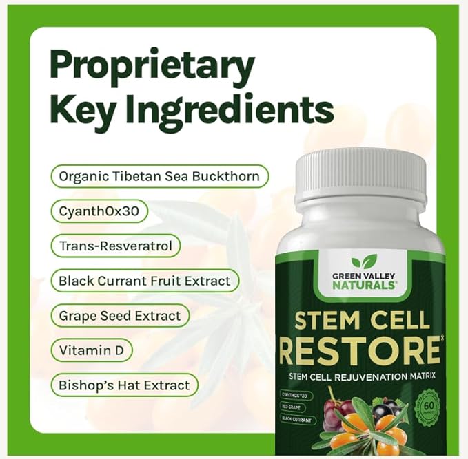 Stem Cell Supplement - Organic Tibetan Sea Buckthorn-Resveratrol, Vitamin D, Bishop's Hat Extract (1 Bottle, 60 Count)