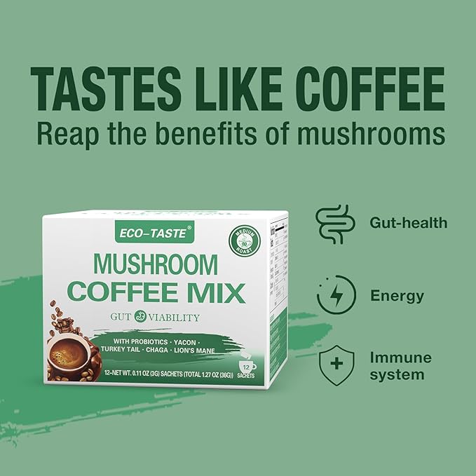 ECO-TASTE Mushroom Coffee Mix, Designed for Gut-Health with Chaga, Lion's Mane, Turkey Tail, Yacon and Probiotics – 12 Sachets