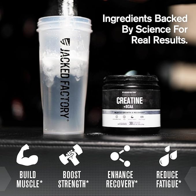Jacked Factory Creatine + BCAAs - Creatine Monohydrate + BCAA Powder for Increased Post-Workout Recovery, Performance, Lean Muscle Growth, & Reduced Fatigue - 30 Servings, Unflavored