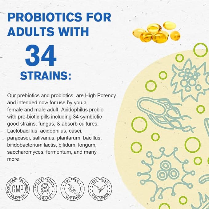 Probiotics 100 Billion CFU – 34 Strains + Organic Prebiotics & Digestive Enzymes – Whole Food Formula for Gut Health, Immune Support & Digestive Balance – 120 Softgels, 60 Day Supply