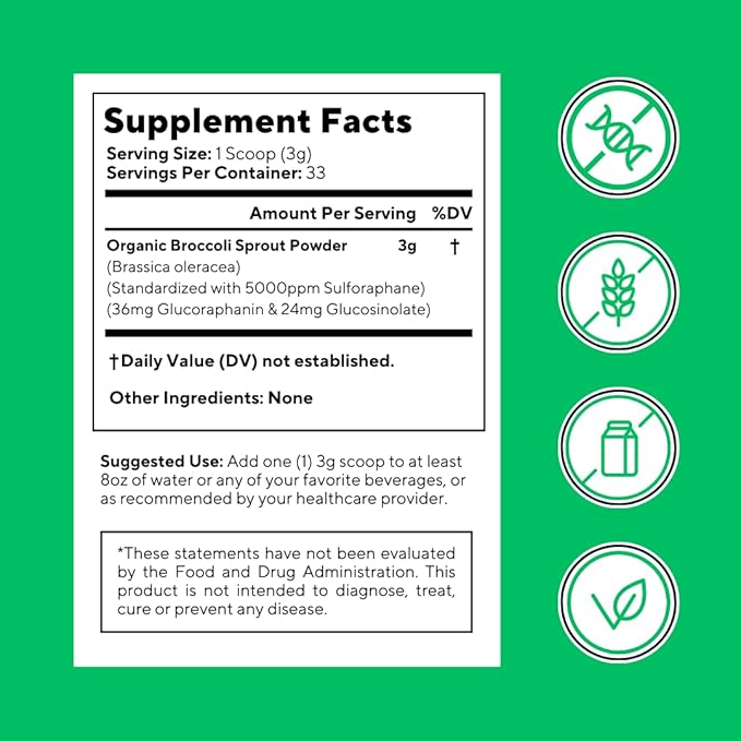 Organic Broccoli Sprout Powder - High in Sulforaphane & Antioxidant, Cognitive Health Support - 30 Day Supply - Non GMO & Gluten Free, 33 Servings (Pack of 1)