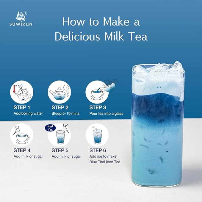 Suwirun Organic Blue Thai Tea 25 Bags β Naturally Blue Butterfly Pea Tea β Floral Aroma with Vanilla & Green Tea β Great for Hot, Iced & Milk Tea
