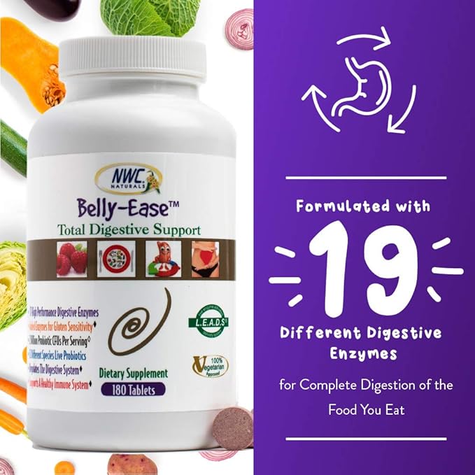 NWC Naturals Belly-Ease Healthy Digestive Enzymes Plus Prebiotics & Probiotics, Essential Enzymes, Vegetarian, Better Digestion, Full Spectrum Digestive Solution - 180 Count Chewable Tablets