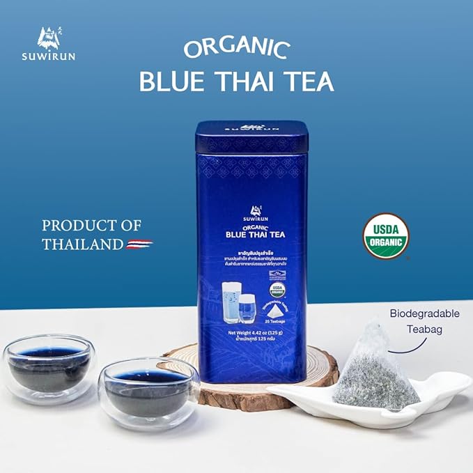 Suwirun Organic Blue Thai Tea 25 Bags β Naturally Blue Butterfly Pea Tea β Floral Aroma with Vanilla & Green Tea β Great for Hot, Iced & Milk Tea