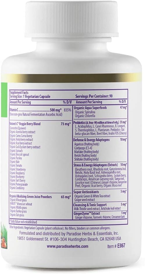 Paradise Herbs Earth's Blend Vitamin C with Nature's C and Adaptogens, Superfoods Base of Probiotics & Organic Alkalizing Greens, 90 Vegetarian Capsules