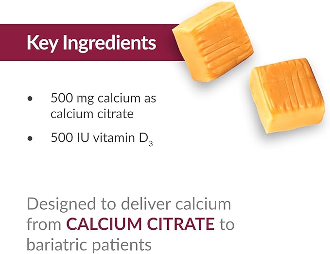 Bariatric Advantage Calcium Citrate Chewy Bites 500 mg - Highly Absorbable & Digestible - Vitamin D3 - Easily Chewable Calcium Supplement - Tropical Orange - 90 Count