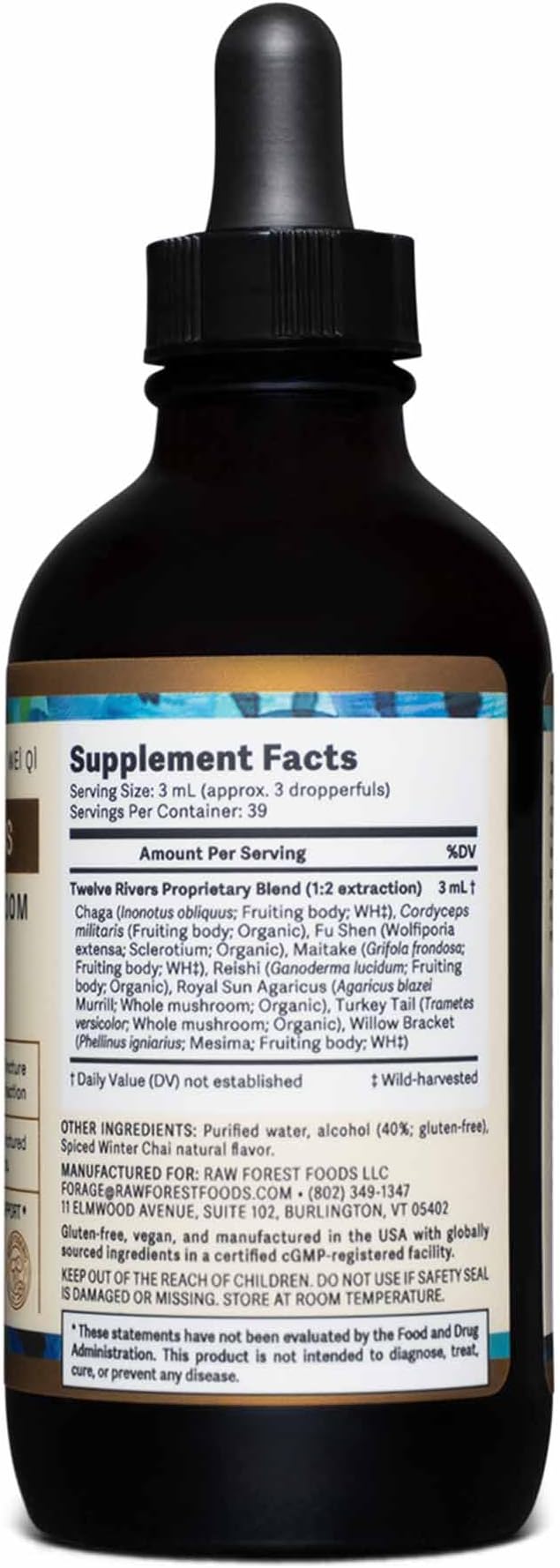 Twelve Rivers Functional Mushroom MycoMedic Elixir Tincture – 1:2 True Dual-Stage Extraction – Spiced Winter Chai – 4 Fluid Ounce Bottle